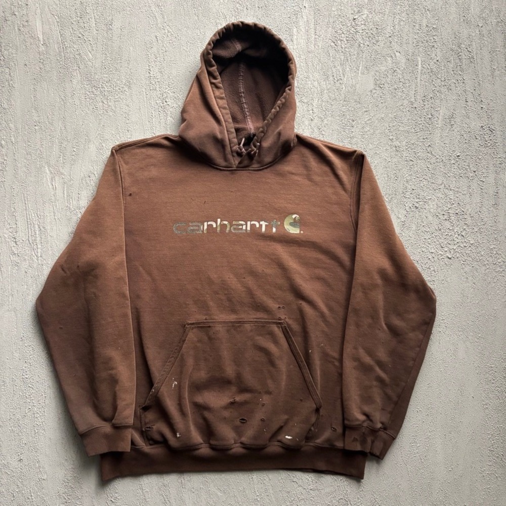 Vintage Carhartt Distressed Logo Hoodie Mens XL Brown 2000s